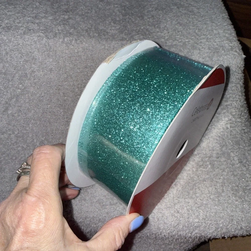 Holiday Celebrate It Teal Glitter Wired Ribbon New